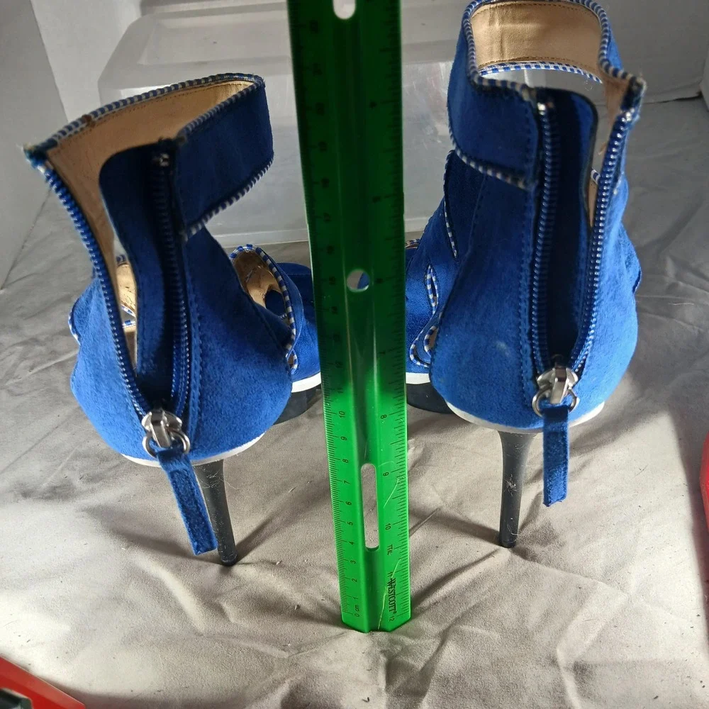 GX Gwen Stefani‎ Yori Sandals 9.5 Blue Cage Platform Stiletto Heels Edgy Zigzag